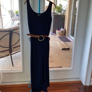 Lauren navy dress with belt. Stretchy pullover!  Sleeveless. barely worn!